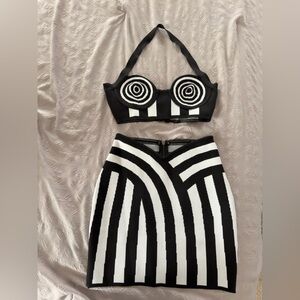 Black and White Striped Bandage Skirt Set